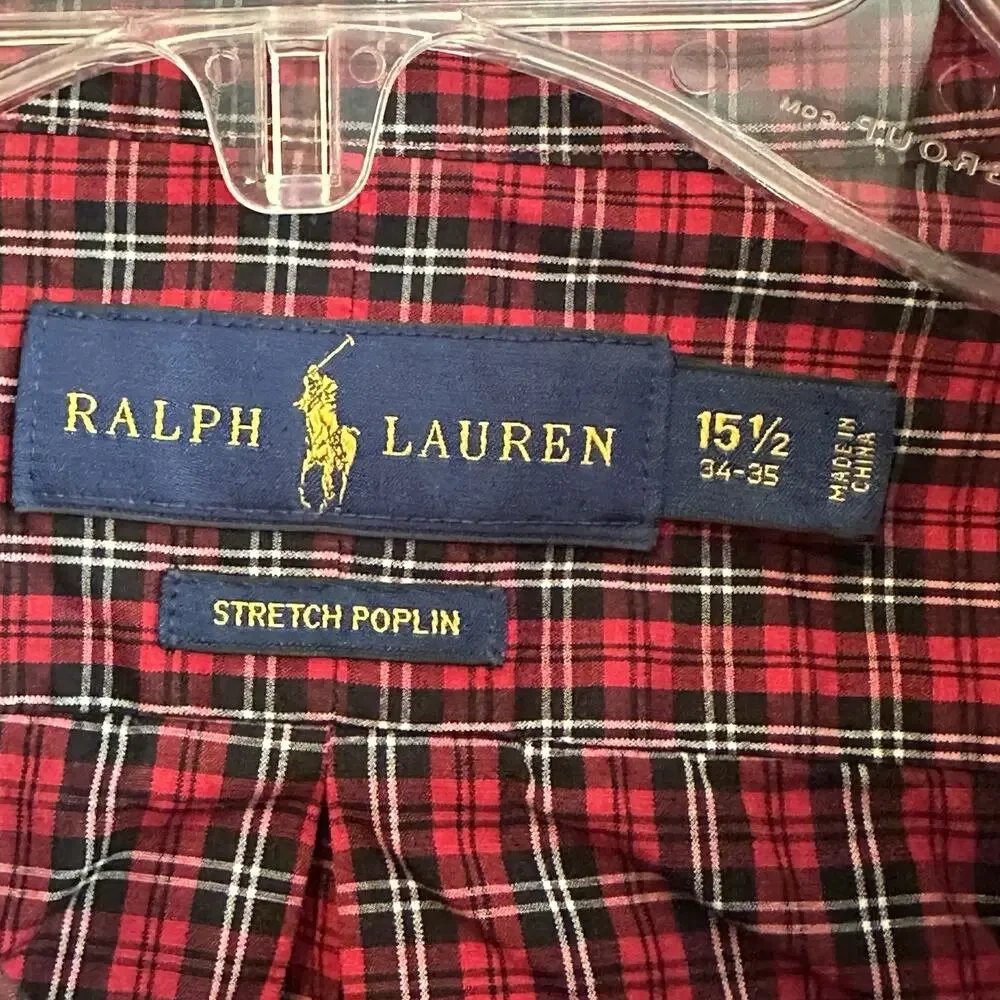 Ralph Lauren‎ Mens 15.5 34/35 Red Plaid Stretch Poplin Button Shirt